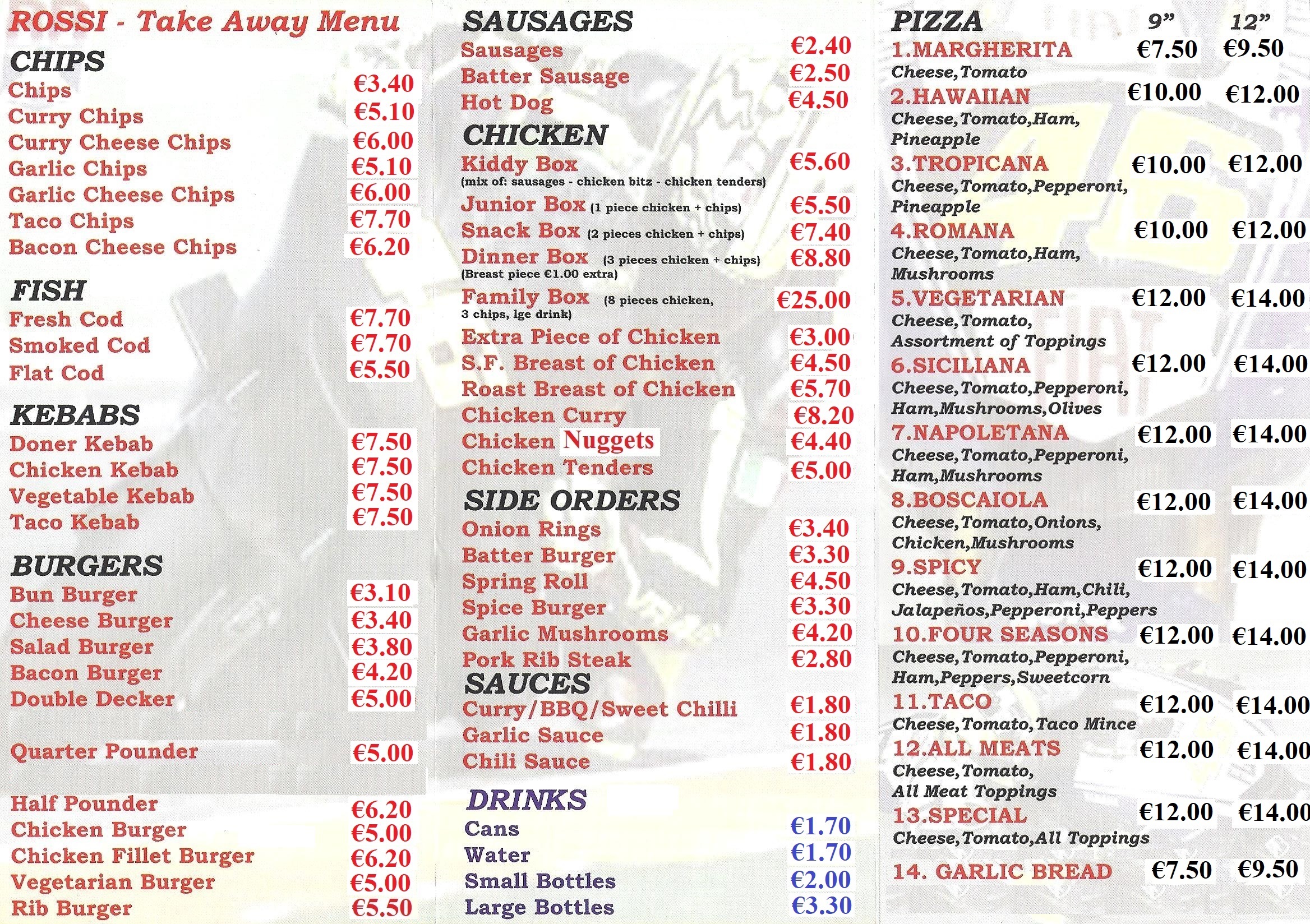 Rossi Take Away Menu